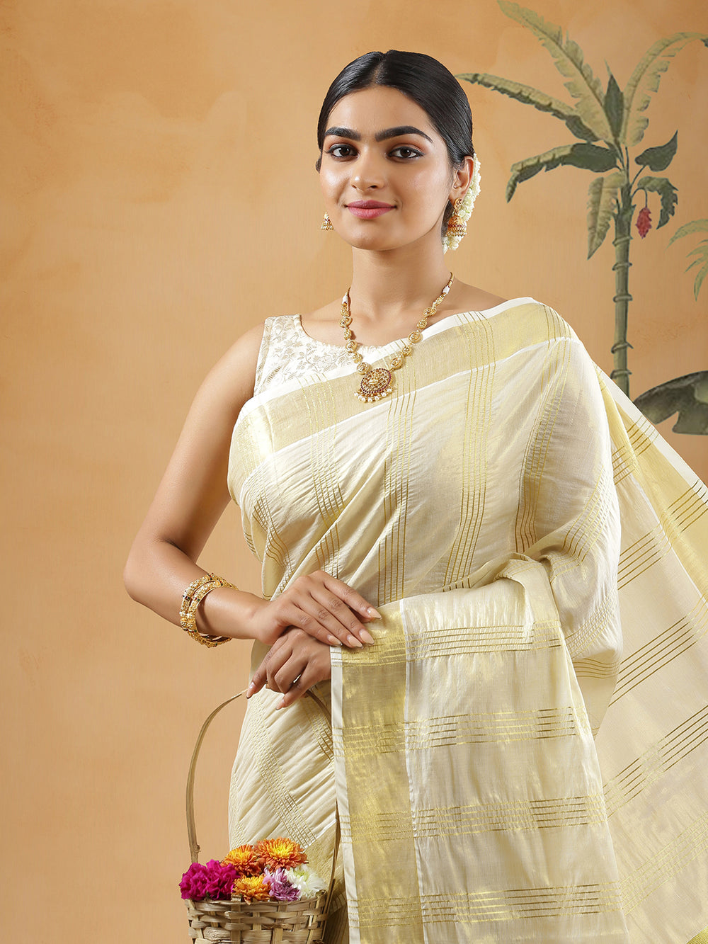 Golden Tissue Set Saree With Five Alternative Golden Thread Lines