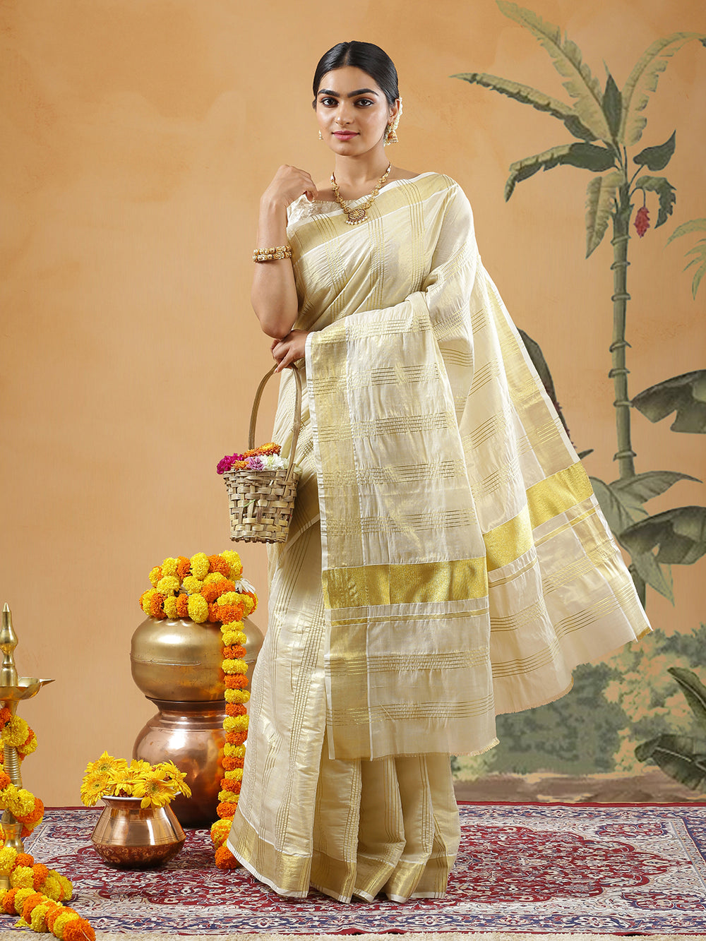Golden Tissue Set Saree With Five Alternative Golden Thread Lines