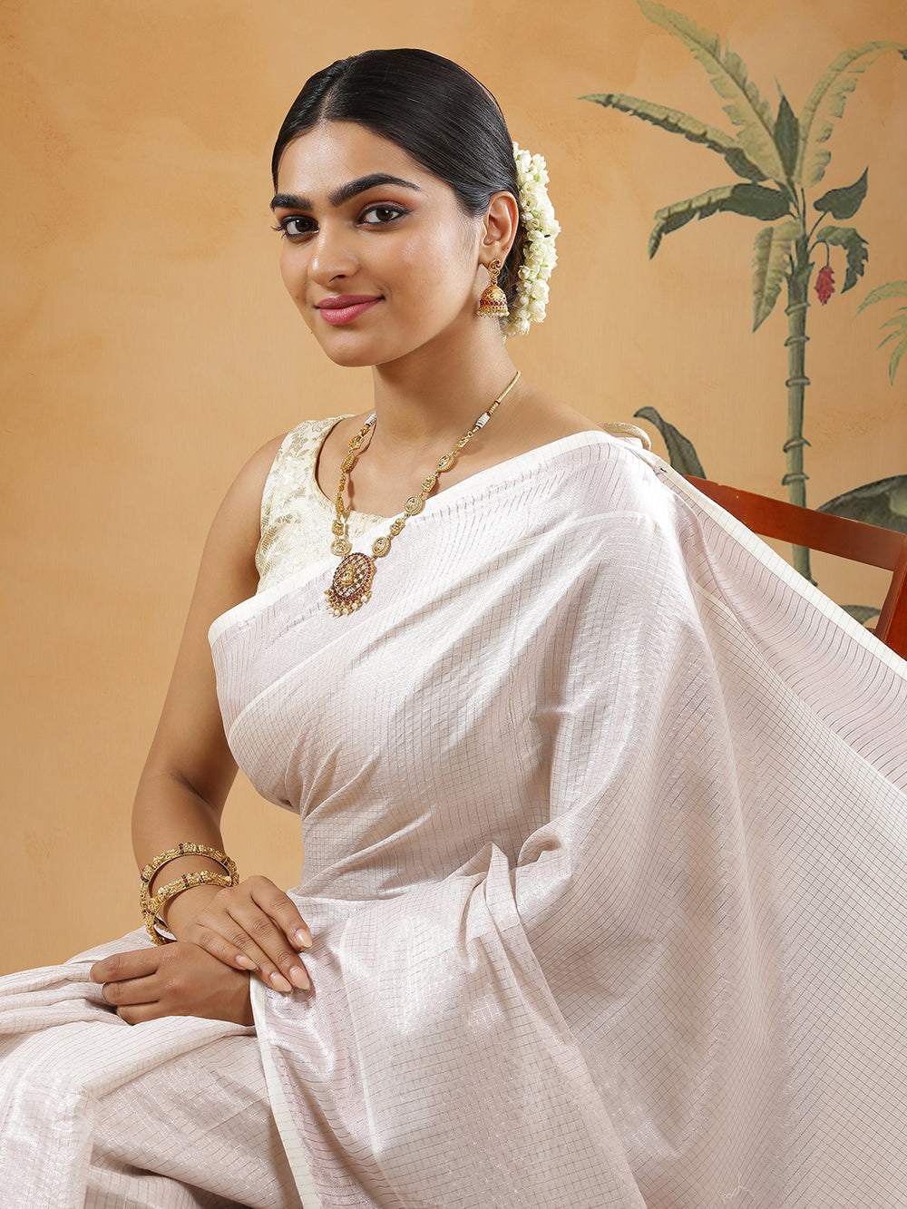Rose Gold Tissue Set Saree With Single Lined Small Check Design And Rose Gold Kasavu Border