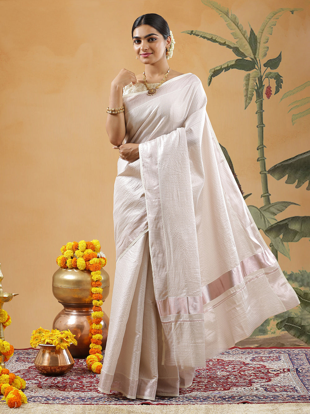 Rose Gold Tissue Set Saree With Single Lined Small Check Design And Rose Gold Kasavu Border