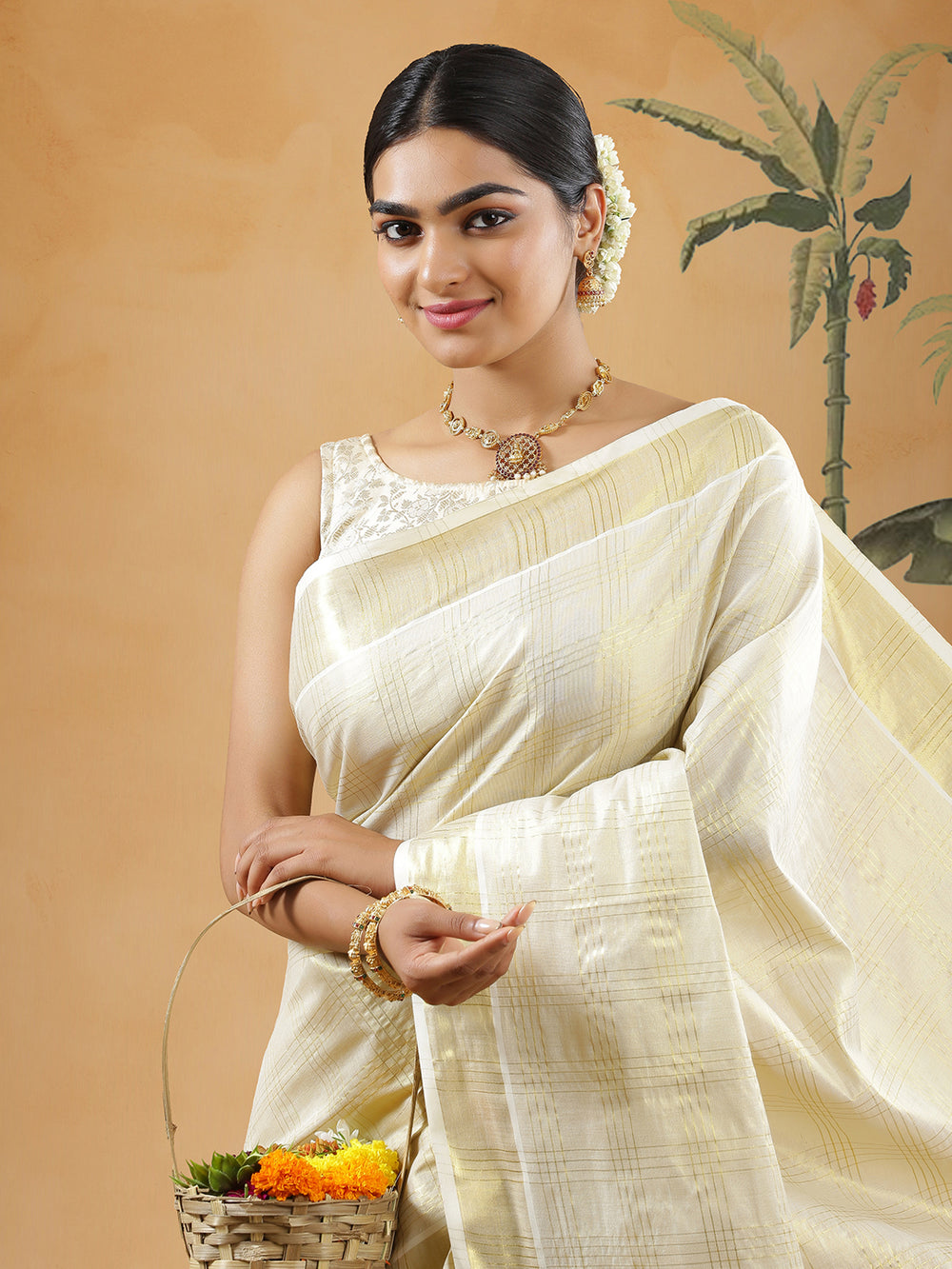 Golden Tissue Set Saree With Four Thin Lined Check And Golden Kasavu With Red Stripes On Pallu