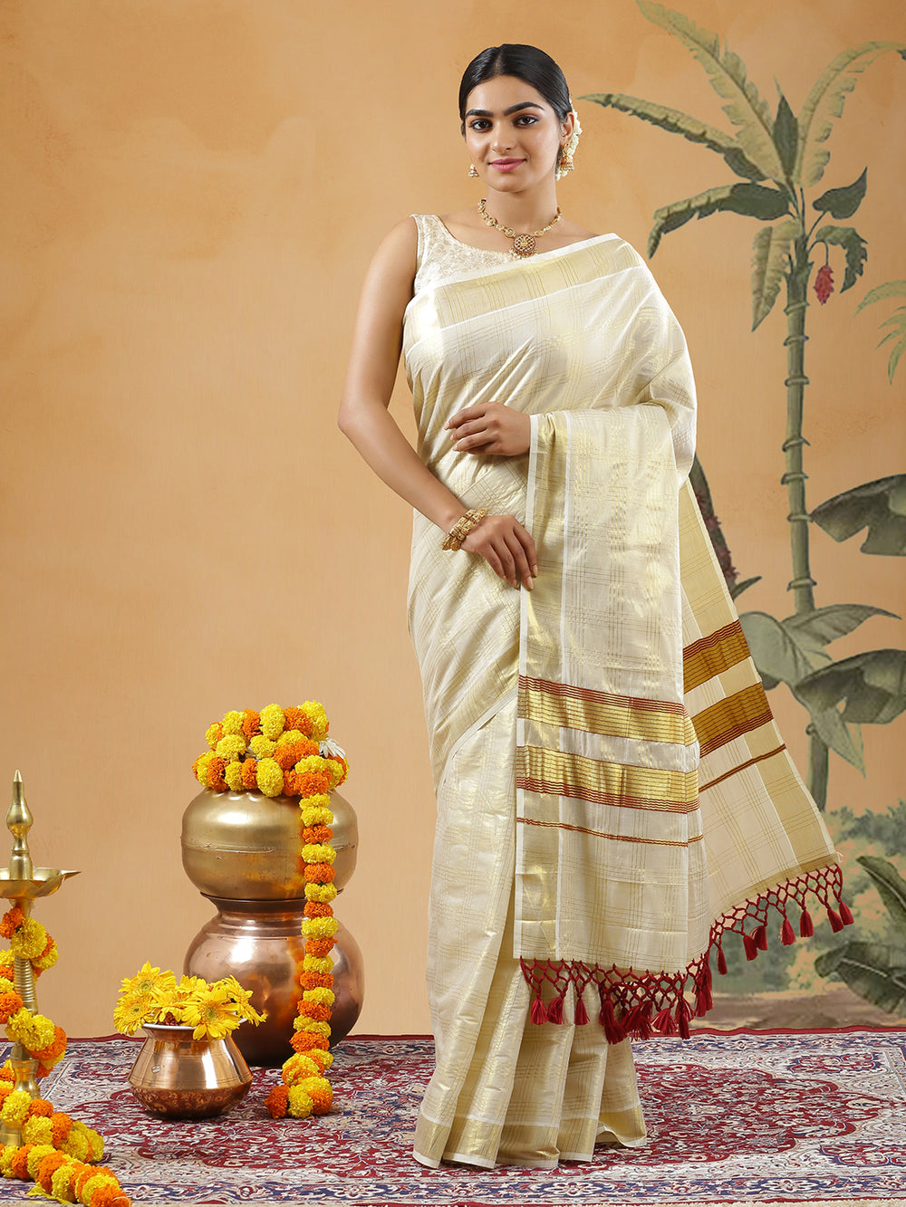 Golden Tissue Set Saree With Four Thin Lined Check And Golden Kasavu With Red Stripes On Pallu