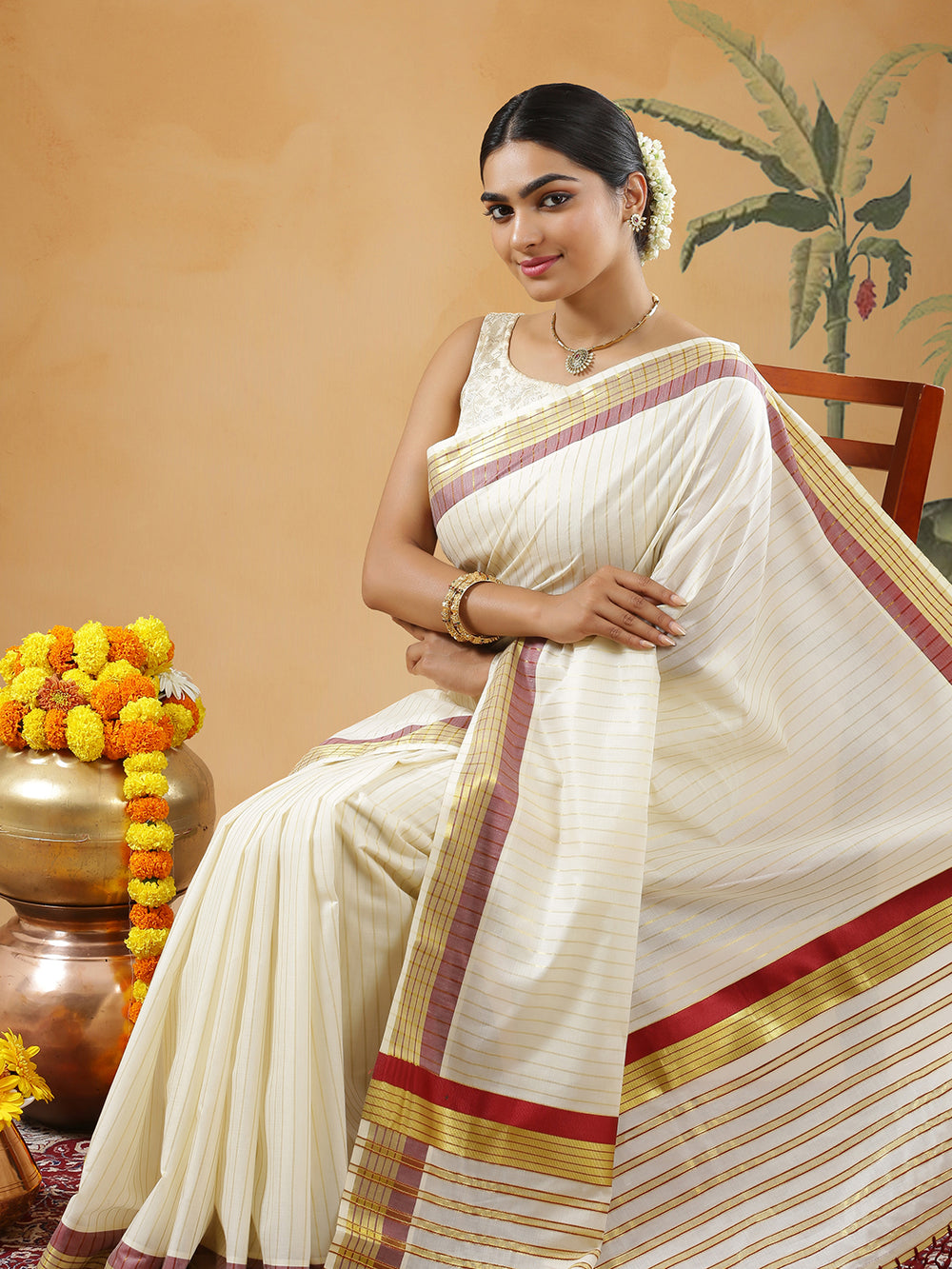 Off White Color Golden Striped Cotton Set Saree With Red And Golden Kasavu Border