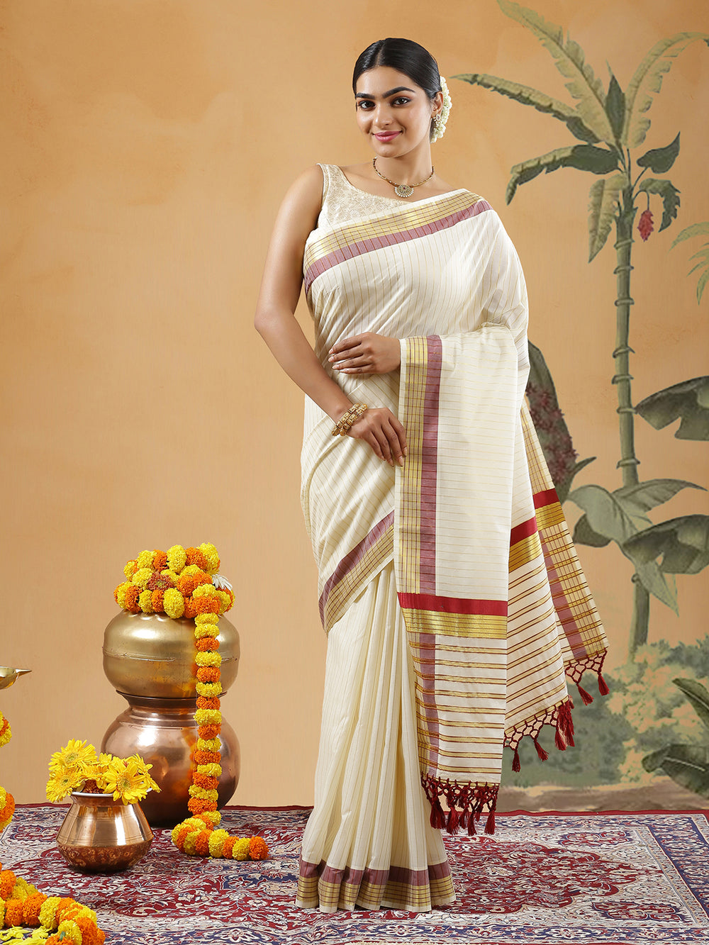 Off White Color Golden Striped Cotton Set Saree With Red And Golden Kasavu Border