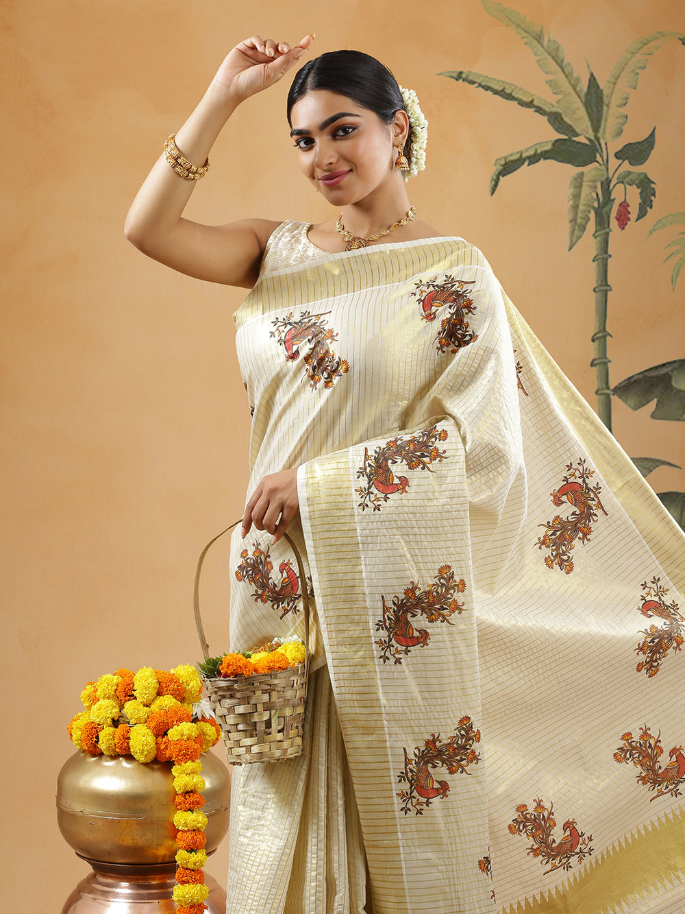 Golden Vertical Striped Tissue Set Saree With Brown Color Peacock Print Near Golden Kasavu