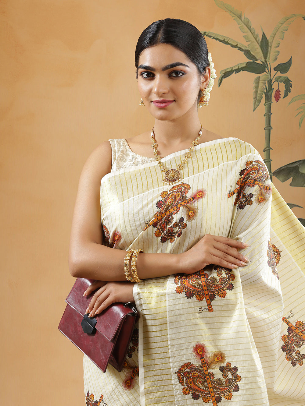Golden Vertical Striped Tissue Set Saree With Brown Color Paisley With Fluit Print