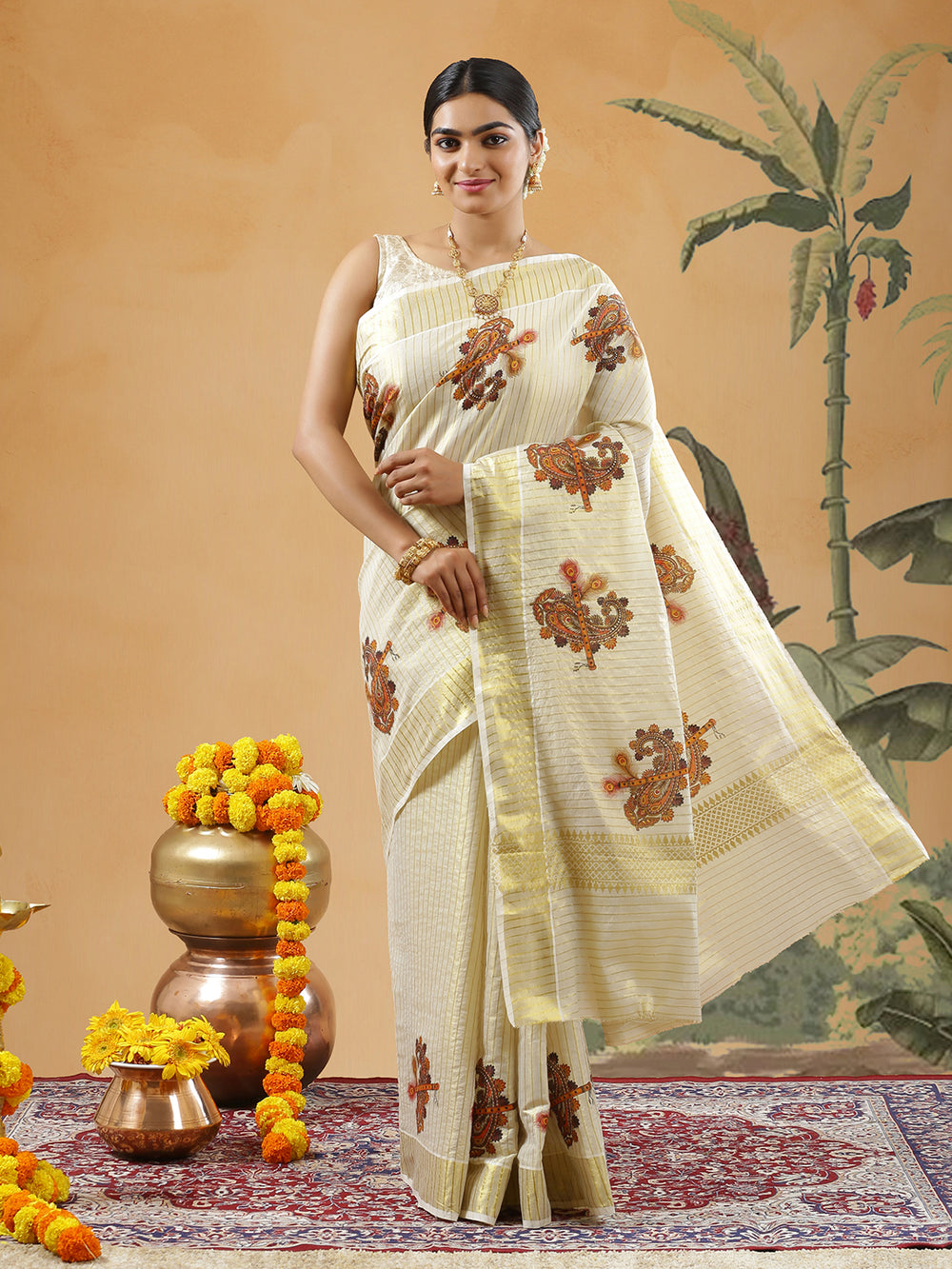 Golden Vertical Striped Tissue Set Saree With Brown Color Paisley With Fluit Print