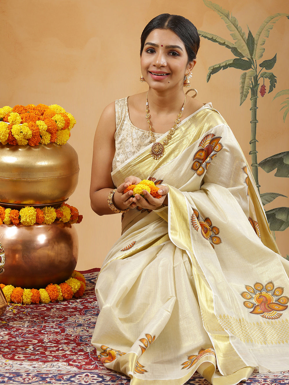 Golden Tissue Set Saree With Brown And Orange Peacock Print Near Golden Kasavu Border