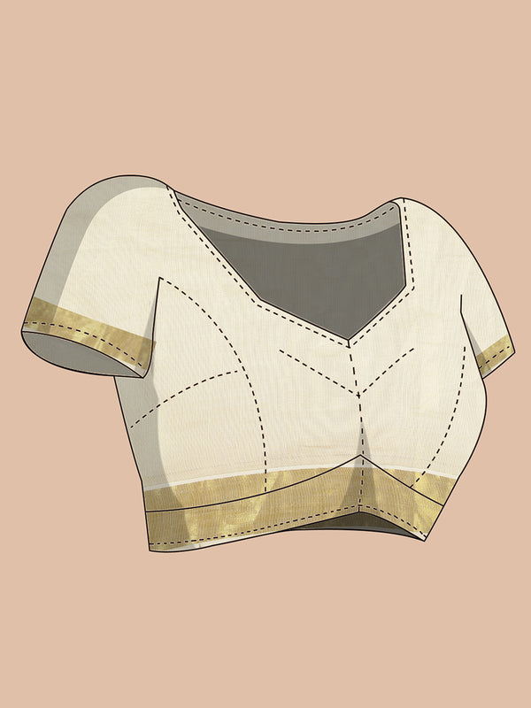 Golden Tissue Set Saree With Brown And Orange Peacock Print Near Golden Kasavu Border