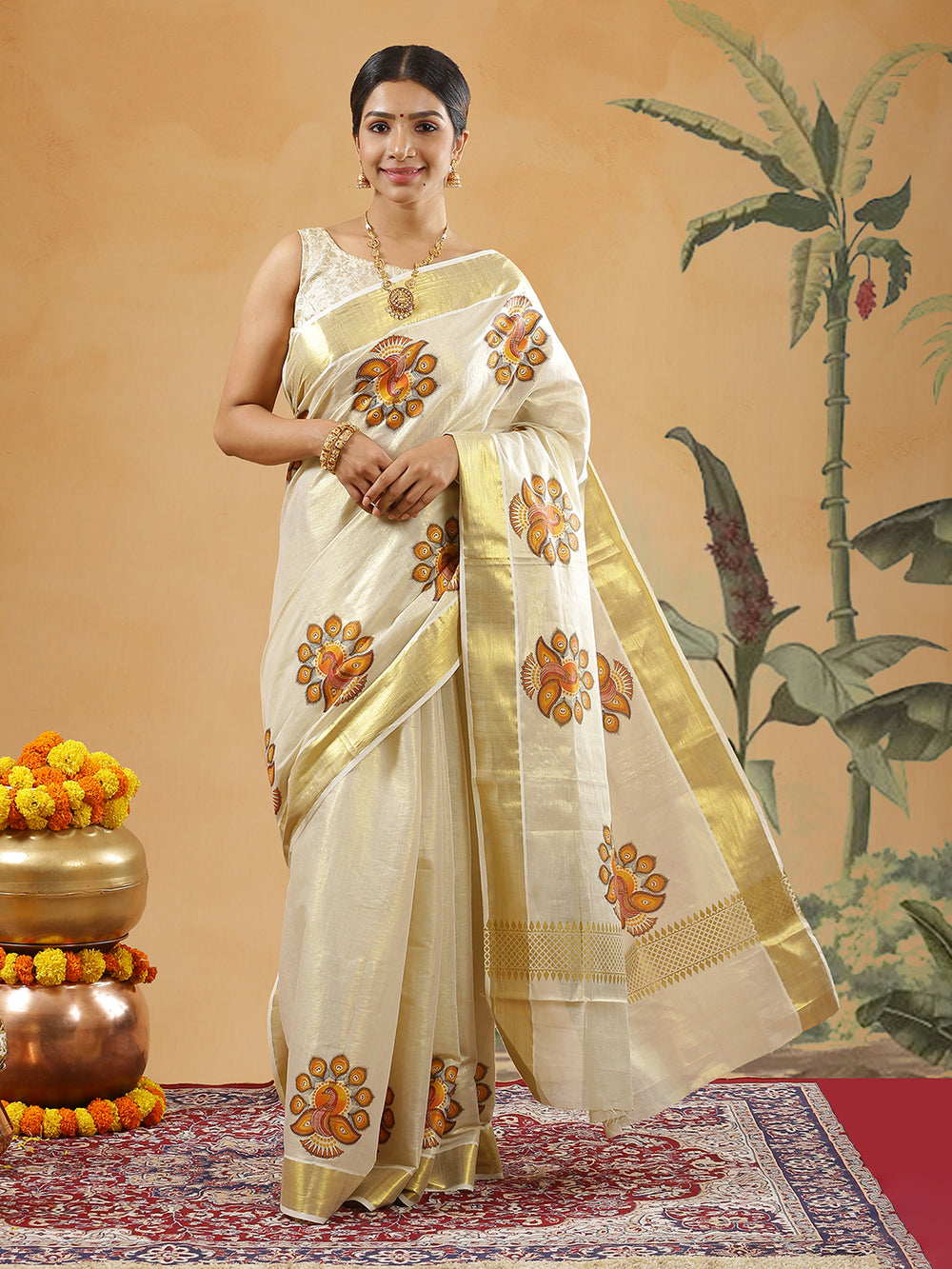 Golden Tissue Set Saree With Brown And Orange Peacock Print Near Golden Kasavu Border