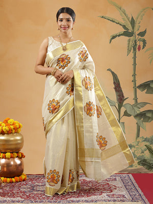 Golden Tissue Set Saree With Brown And Orange Peacock Print Near Golden Kasavu Border