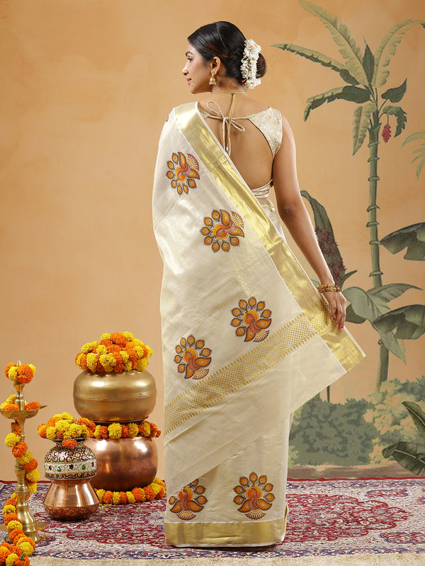 Golden Tissue Set Saree With Brown And Orange Peacock Print Near Golden Kasavu Border