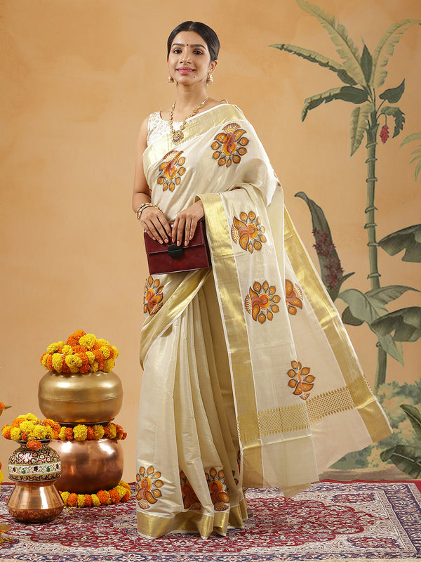 Golden Tissue Set Saree With Brown And Orange Peacock Print Near Golden Kasavu Border