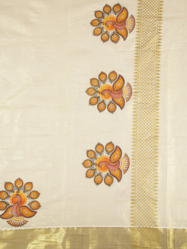 Golden Tissue Set Saree With Brown And Orange Peacock Print Near Golden Kasavu Border