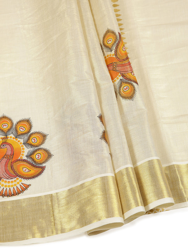 Golden Tissue Set Saree With Brown And Orange Peacock Print Near Golden Kasavu Border