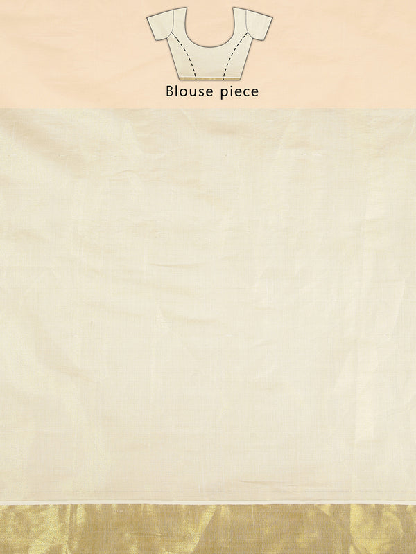 Golden Tissue Set Saree With Brown And Orange Peacock Print Near Golden Kasavu Border