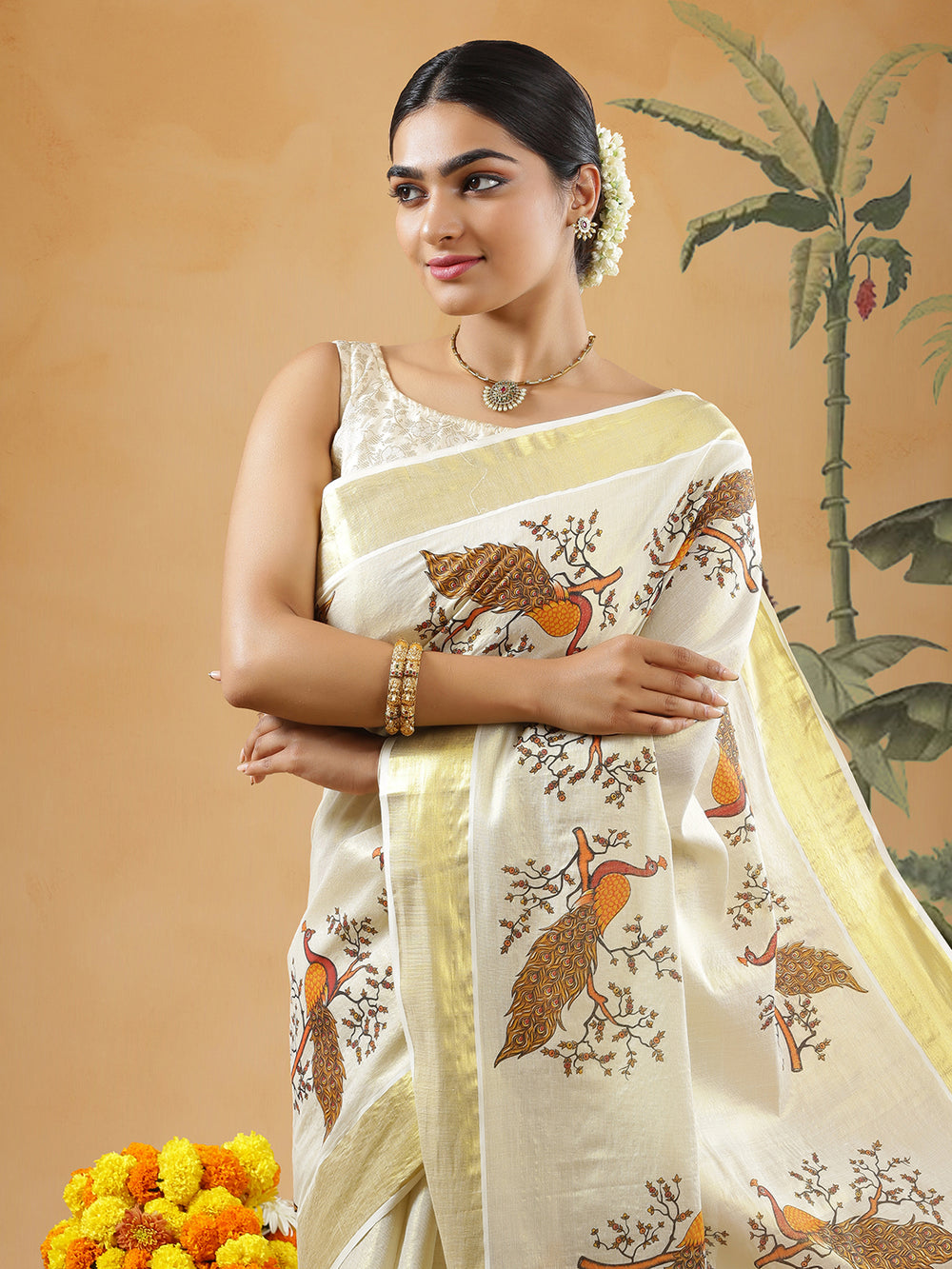 Golden Tissue Set Saree With Brown Color Peacock Print With Golden Kasavu Border