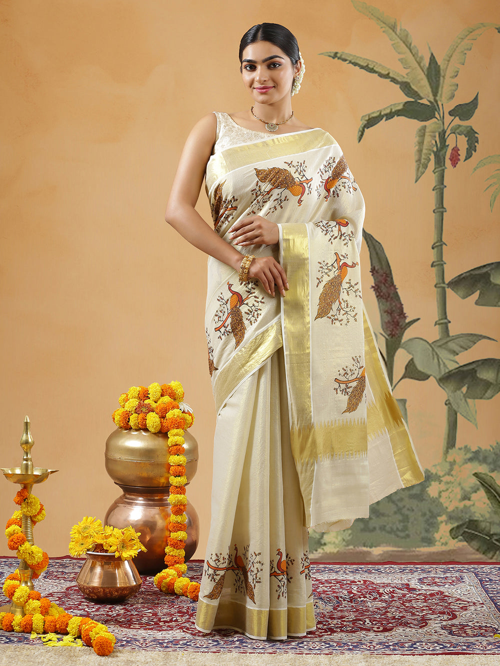 Golden Tissue Set Saree With Brown Color Peacock Print With Golden Kasavu Border
