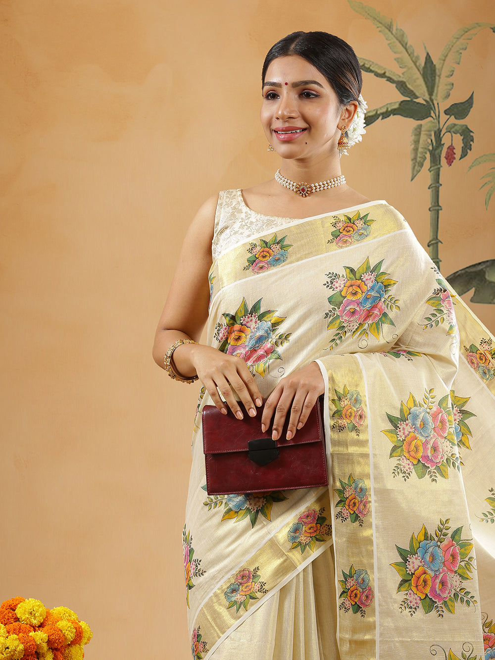 Golden Tissue Set Saree With Multi Color Flower Boca Design Digital Print