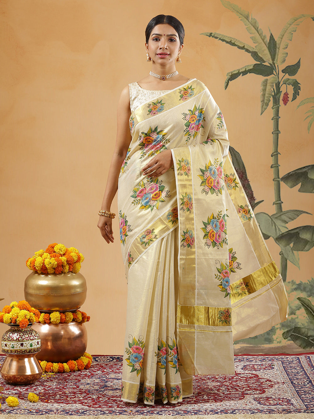 Golden Tissue Set Saree With Multi Color Flower Boca Design Digital Print