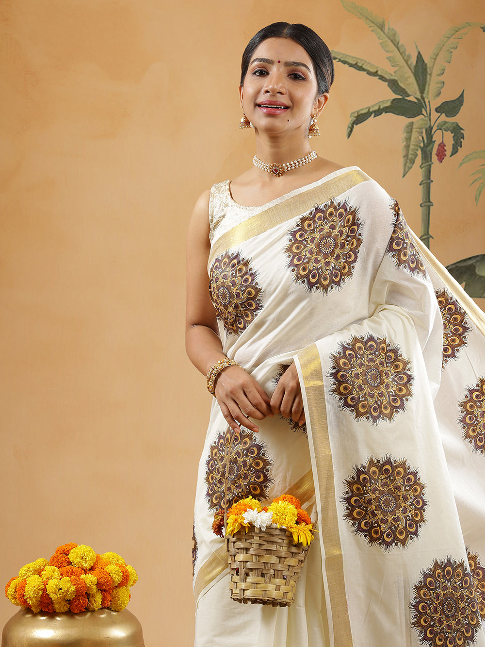 Off White Color Cotton Set Saree With Brown Color Peacock Feather Printed Design