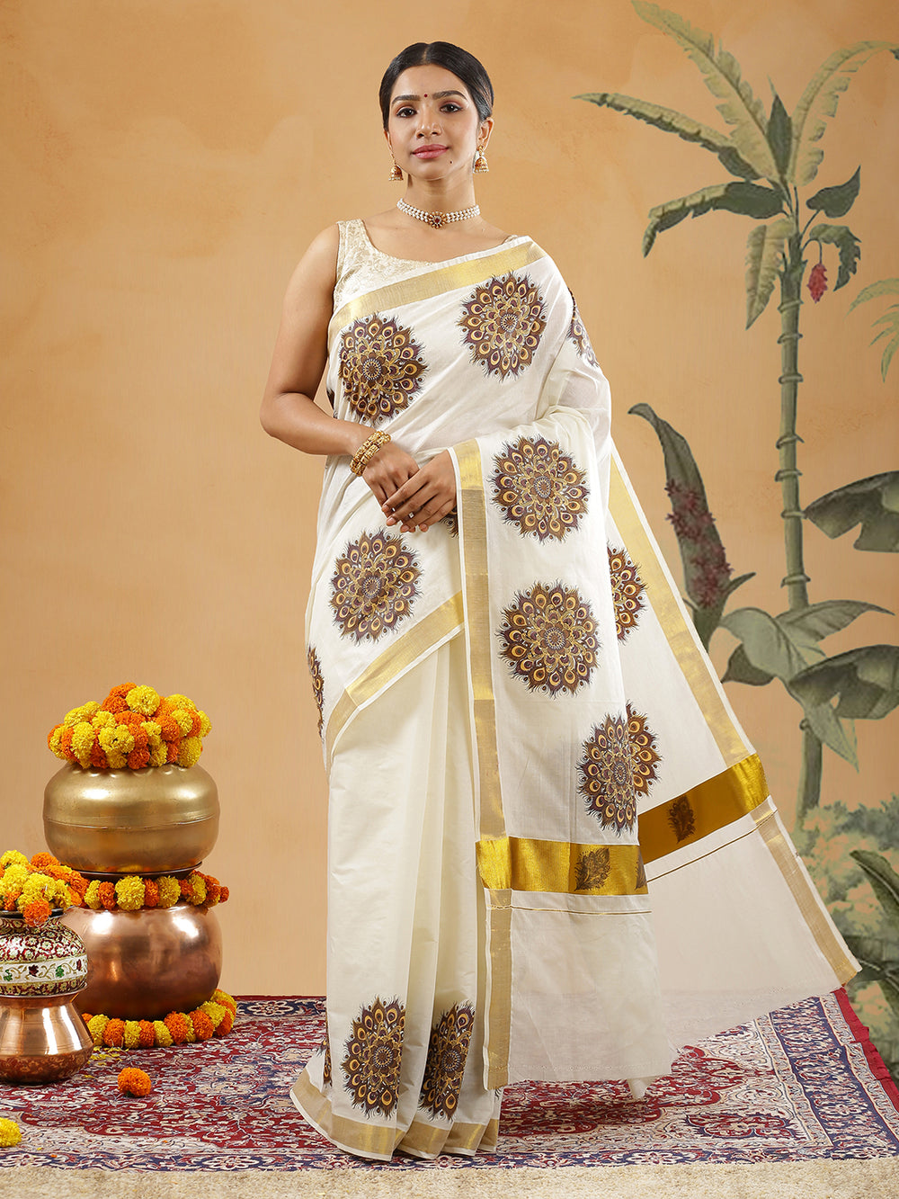 Off White Color Cotton Set Saree With Brown Color Peacock Feather Printed Design