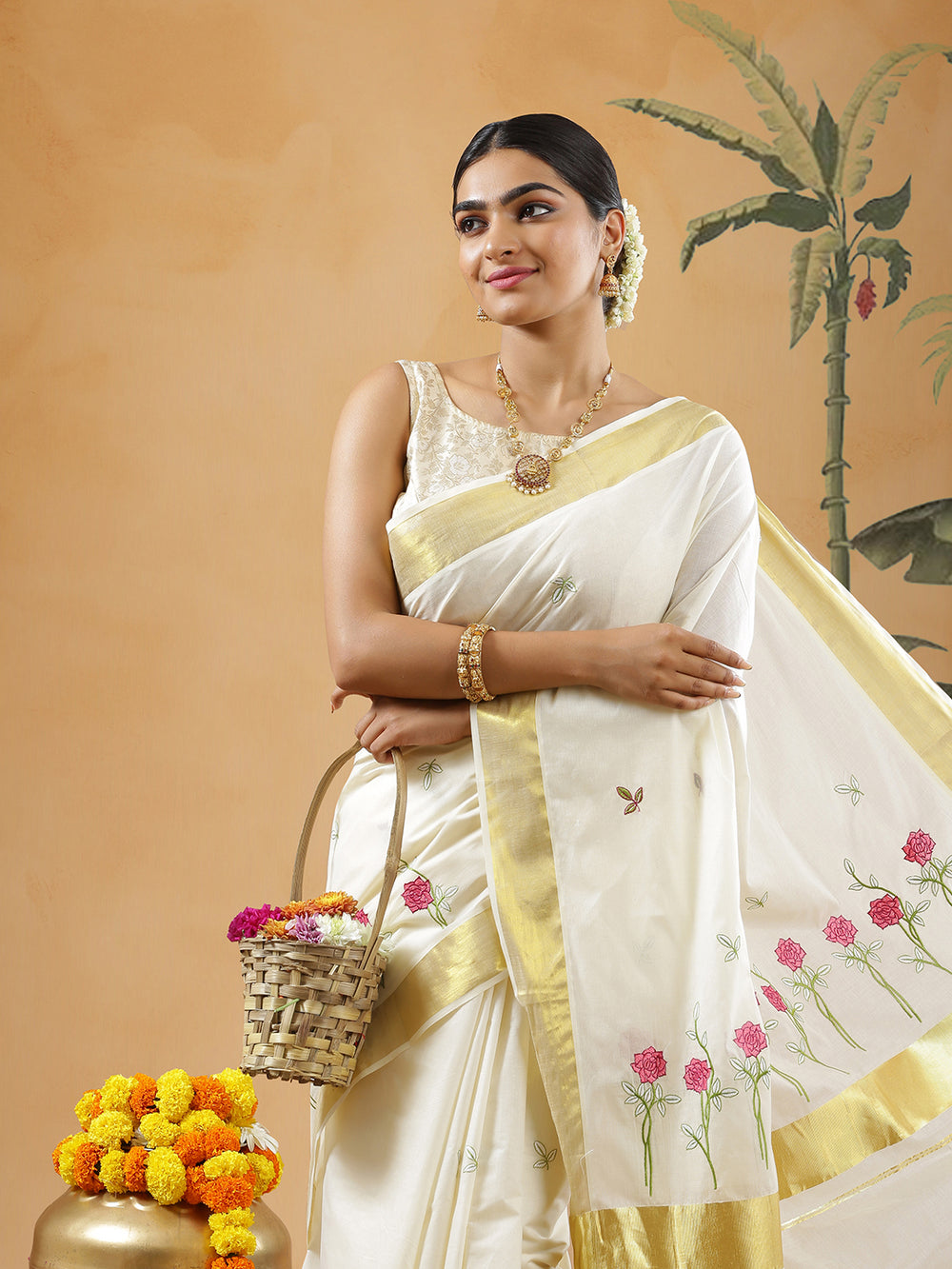 Off White Color Cotton Set Saree With Rose Flower Embroidery Design And Leaf Buttas
