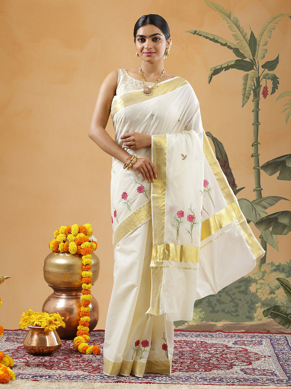 Off White Color Cotton Set Saree With Rose Flower Embroidery Design And Leaf Buttas