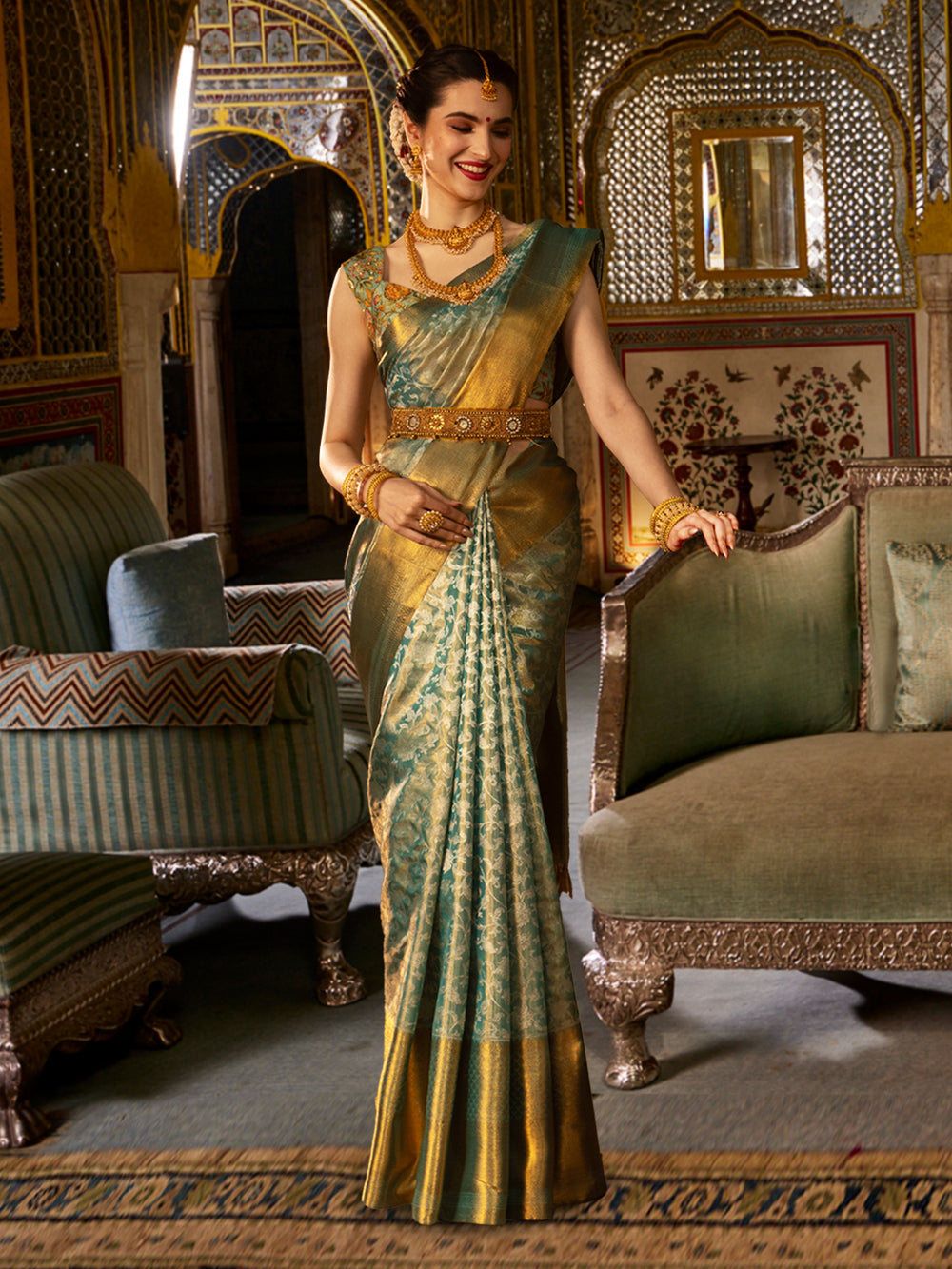Gold And Muted Sea Green Kanchipuram Saree