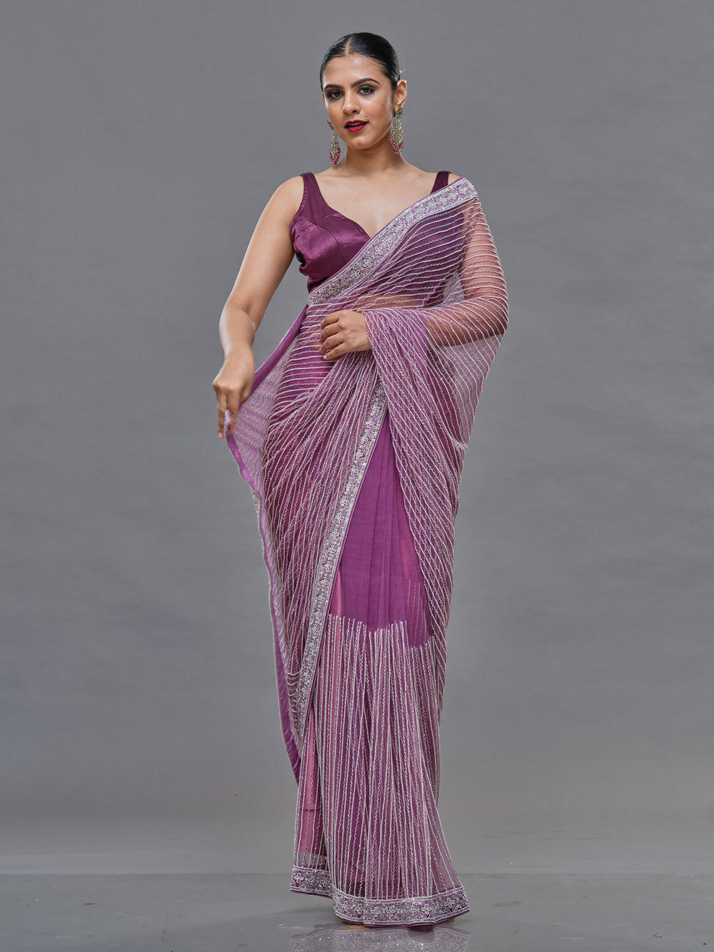 Dark Lavender Net Saree With Self-Sequence &Silver Beads