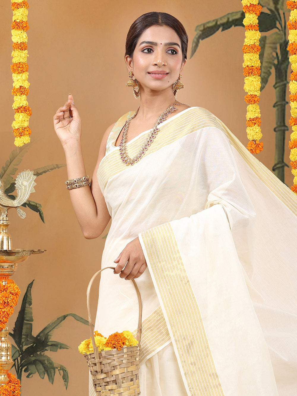 Off White Cotton Set Plain Saree with Golden & Off White Striped Kasavu and Simple Elegance