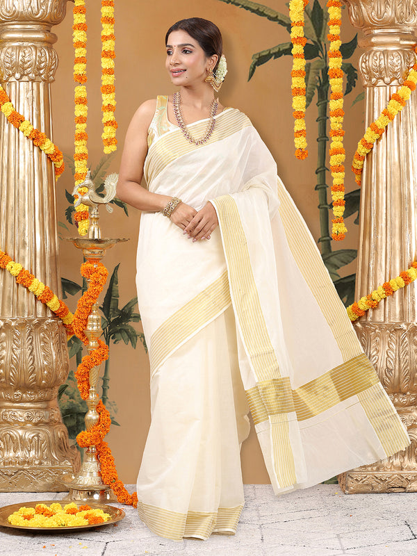 Off White Cotton Set Plain Saree with Golden & Off White Striped Kasavu and Simple Elegance
