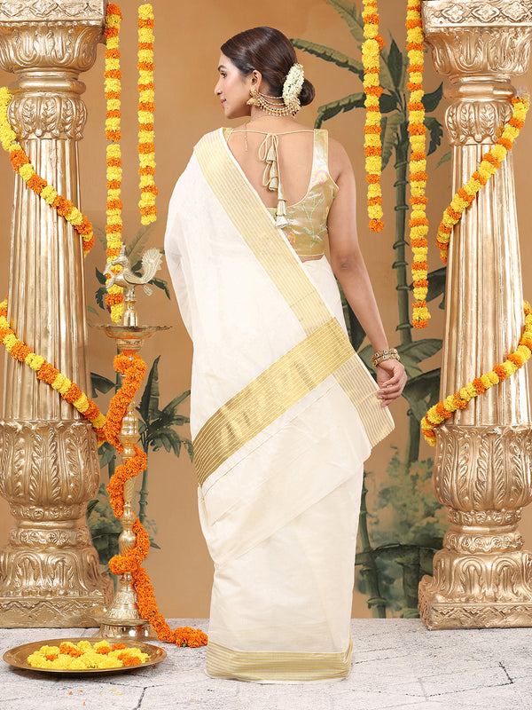 Off White Cotton Set Plain Saree with Golden & Off White Striped Kasavu and Simple Elegance