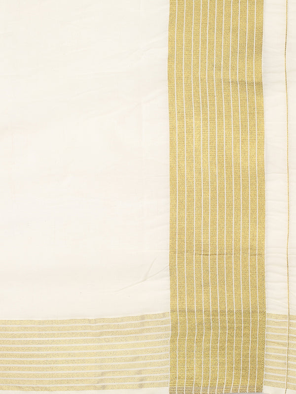 Off White Cotton Set Plain Saree with Golden & Off White Striped Kasavu and Simple Elegance