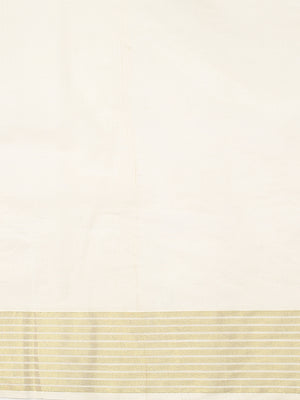 Off White Cotton Set Plain Saree with Golden & Off White Striped Kasavu and Simple Elegance
