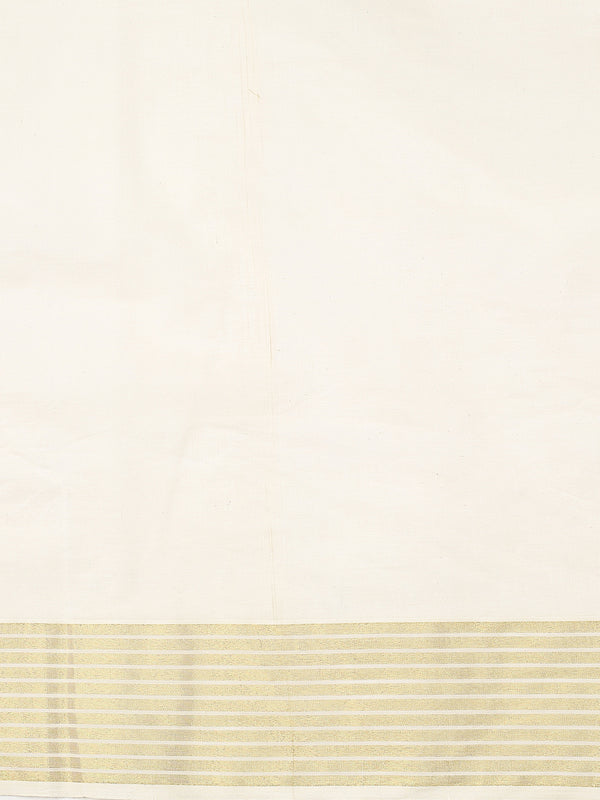 Off White Cotton Set Plain Saree with Golden & Off White Striped Kasavu and Simple Elegance