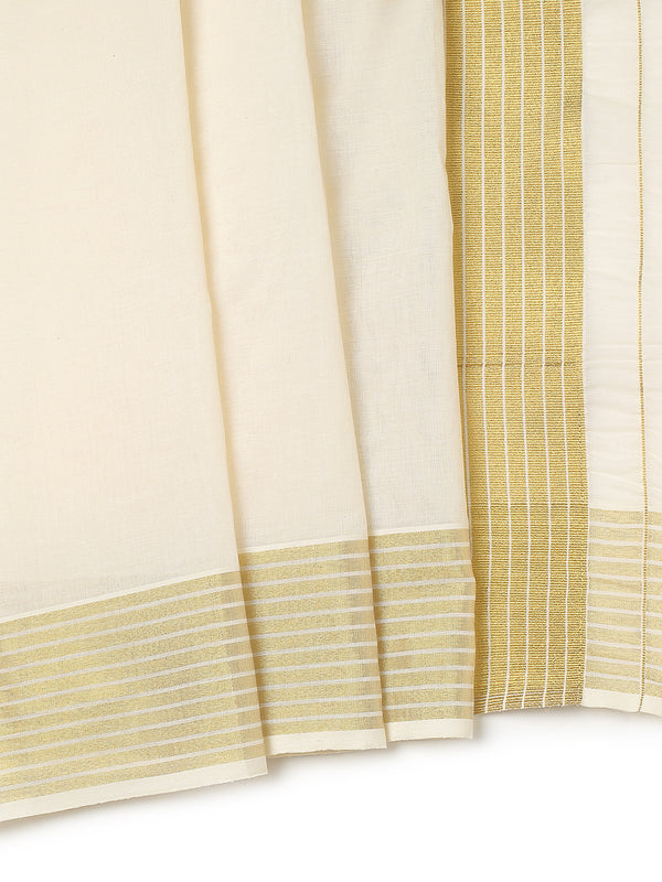 Off White Cotton Set Plain Saree with Golden & Off White Striped Kasavu and Simple Elegance