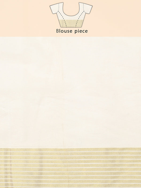 Off White Cotton Set Plain Saree with Golden & Off White Striped Kasavu and Simple Elegance