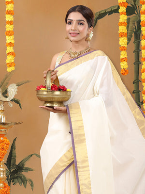Off-White Cotton Saree with Golden Kasavu Border & Purple Accent Lines