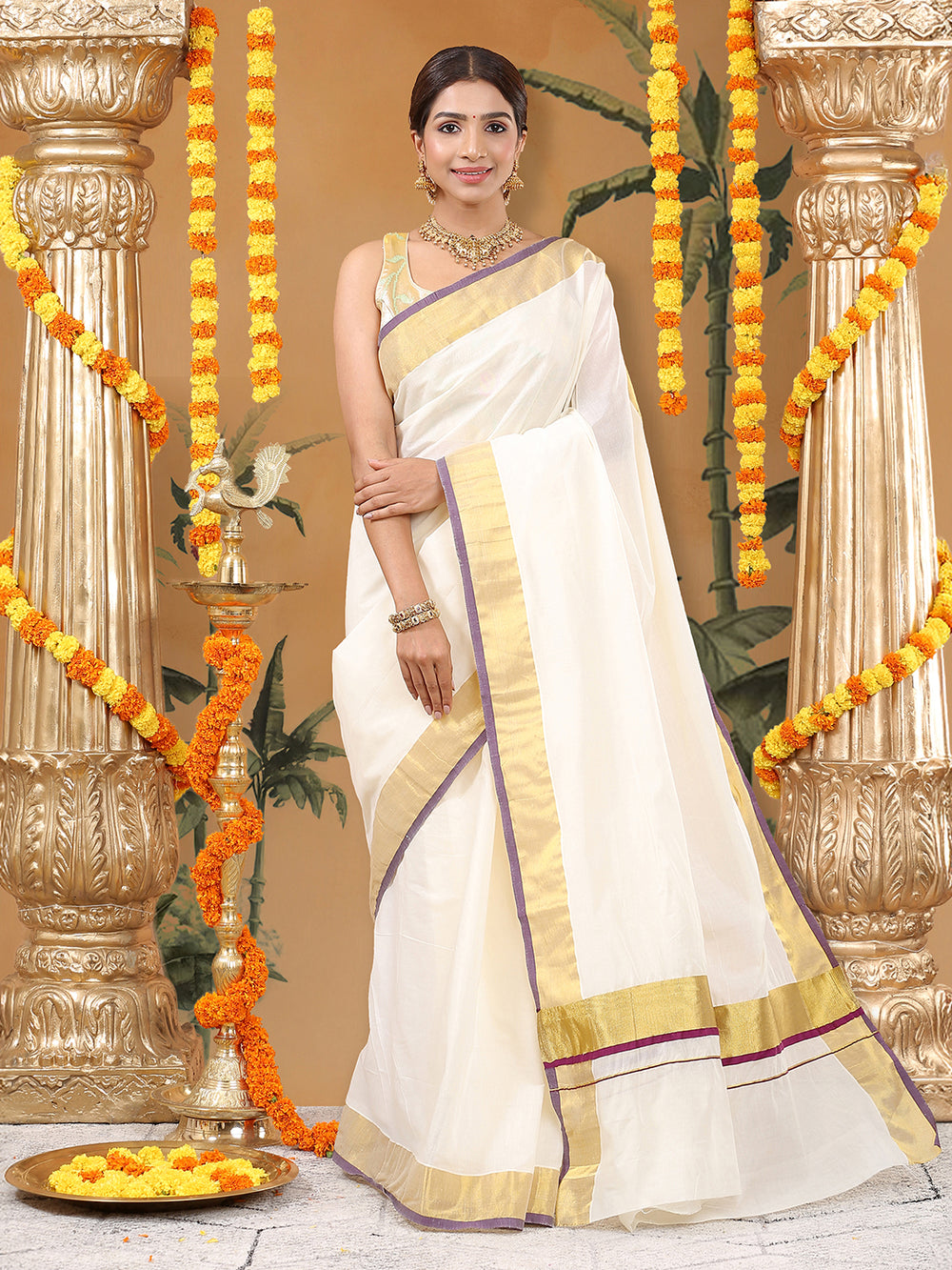 Off-White Cotton Saree with Golden Kasavu Border & Purple Accent Lines