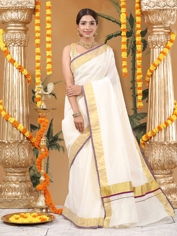 Off-White Cotton Saree with Golden Kasavu Border & Purple Accent Lines