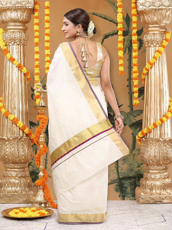 Off-White Cotton Saree with Golden Kasavu Border & Purple Accent Lines