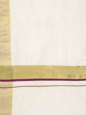 Off-White Cotton Saree with Golden Kasavu Border & Purple Accent Lines
