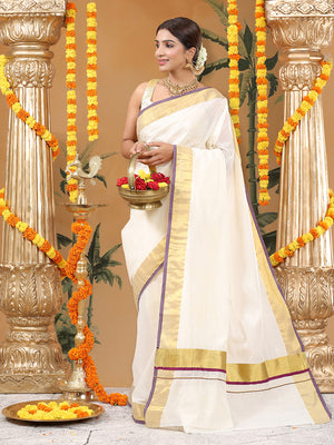 Off-White Cotton Saree with Golden Kasavu Border & Purple Accent Lines