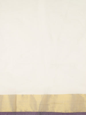 Off-White Cotton Saree with Golden Kasavu Border & Purple Accent Lines