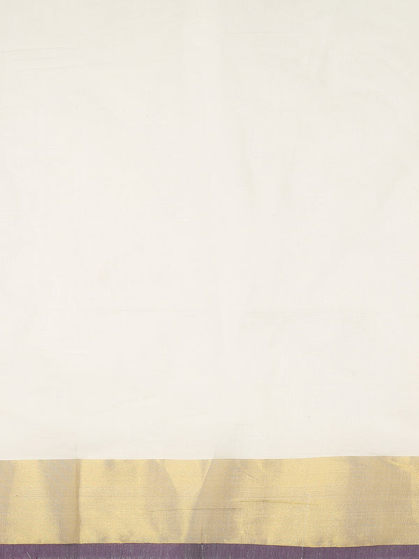 Off-White Cotton Saree with Golden Kasavu Border & Purple Accent Lines
