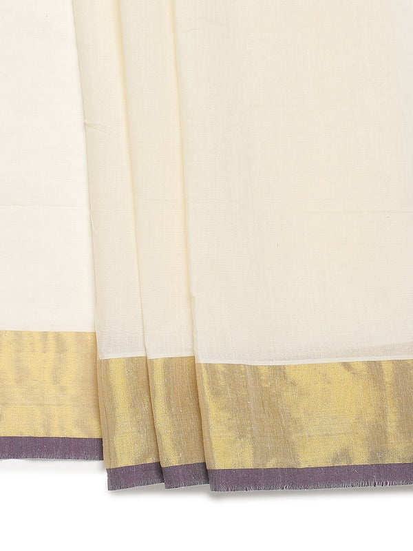 Off-White Cotton Saree with Golden Kasavu Border & Purple Accent Lines