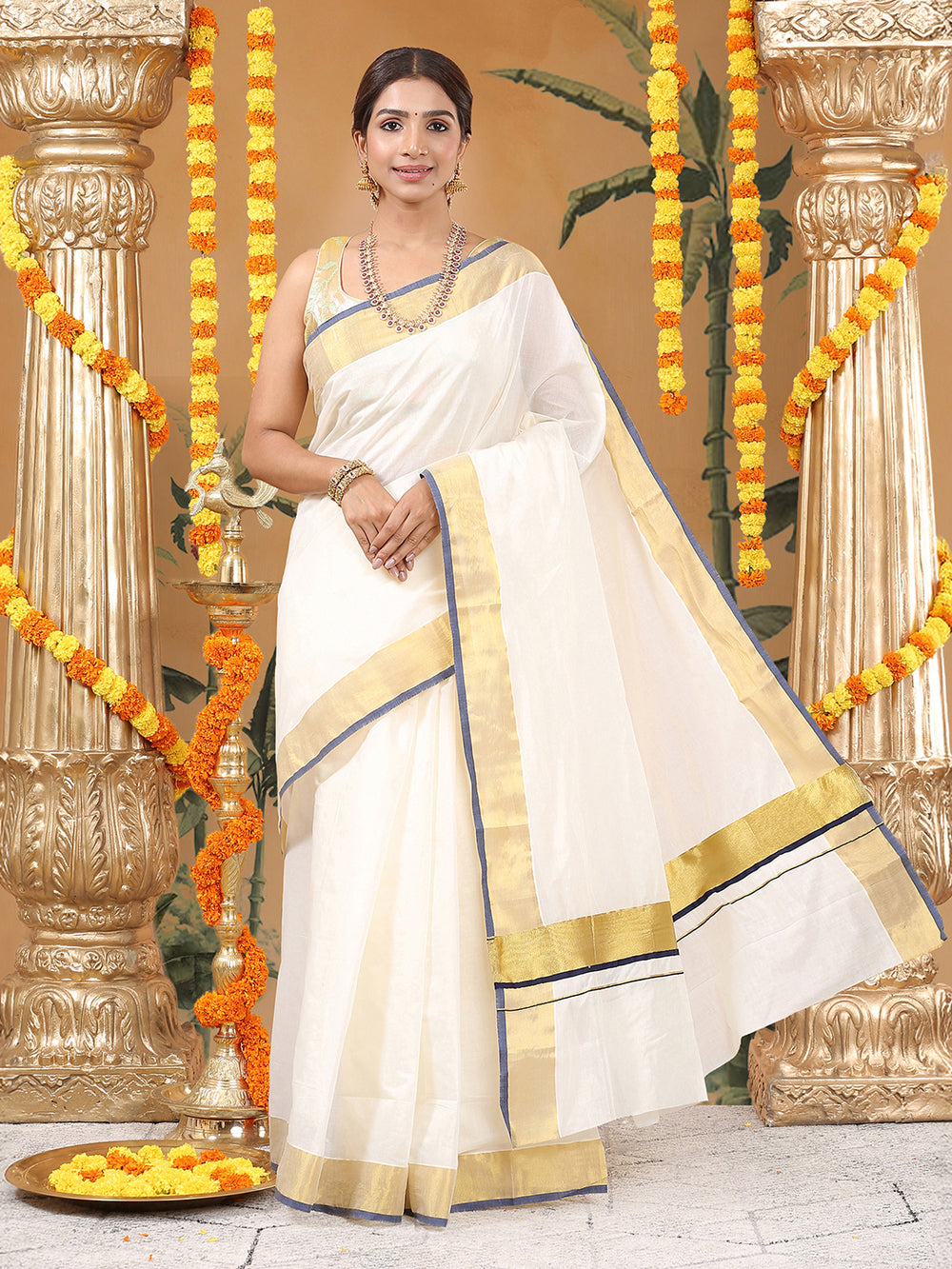 Off-White Cotton Plain Set Saree And Golden With Navy Blue Bordered Kasavu Pallu