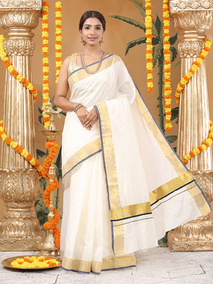 Off-White Cotton Plain Set Saree And Golden With Navy Blue Bordered Kasavu Pallu