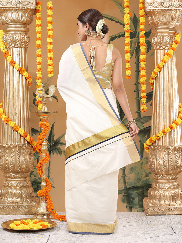 Off-White Cotton Plain Set Saree And Golden With Navy Blue Bordered Kasavu Pallu
